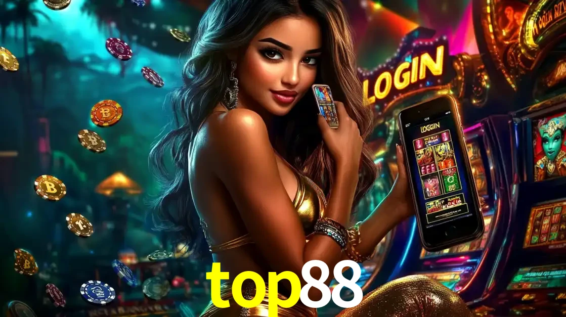 Mulher em um cenário de cassino temático de aventura, mostrando o app de caça-níqueis da top88 no celular. Fichas de apostas flutuam ao redor.