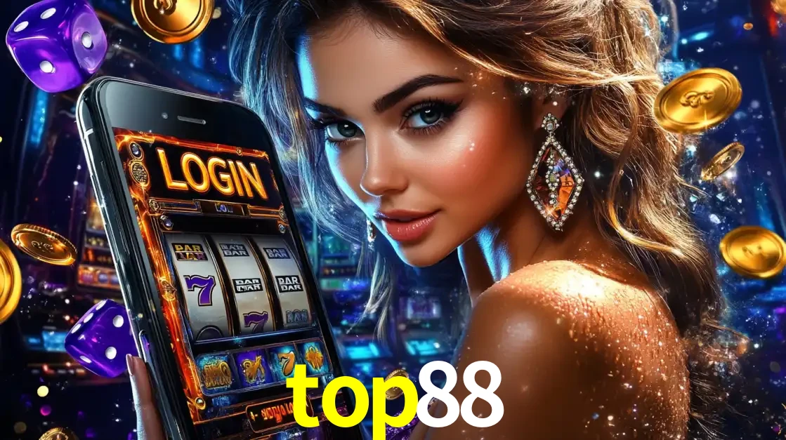 Mulher glamorosa segurando um smartphone com a tela de login para os jogos de caça-níqueis do cassino online top88, com moedas de ouro e dados ao redor.