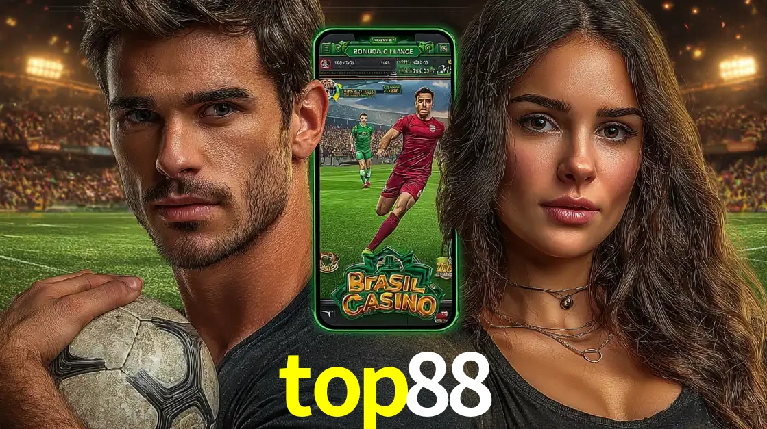 Homem segurando uma bola de futebol e uma mulher ao lado de um smartphone exibindo o jogo de apostas esportivas da top88. Faça seu palpite no cassino online.